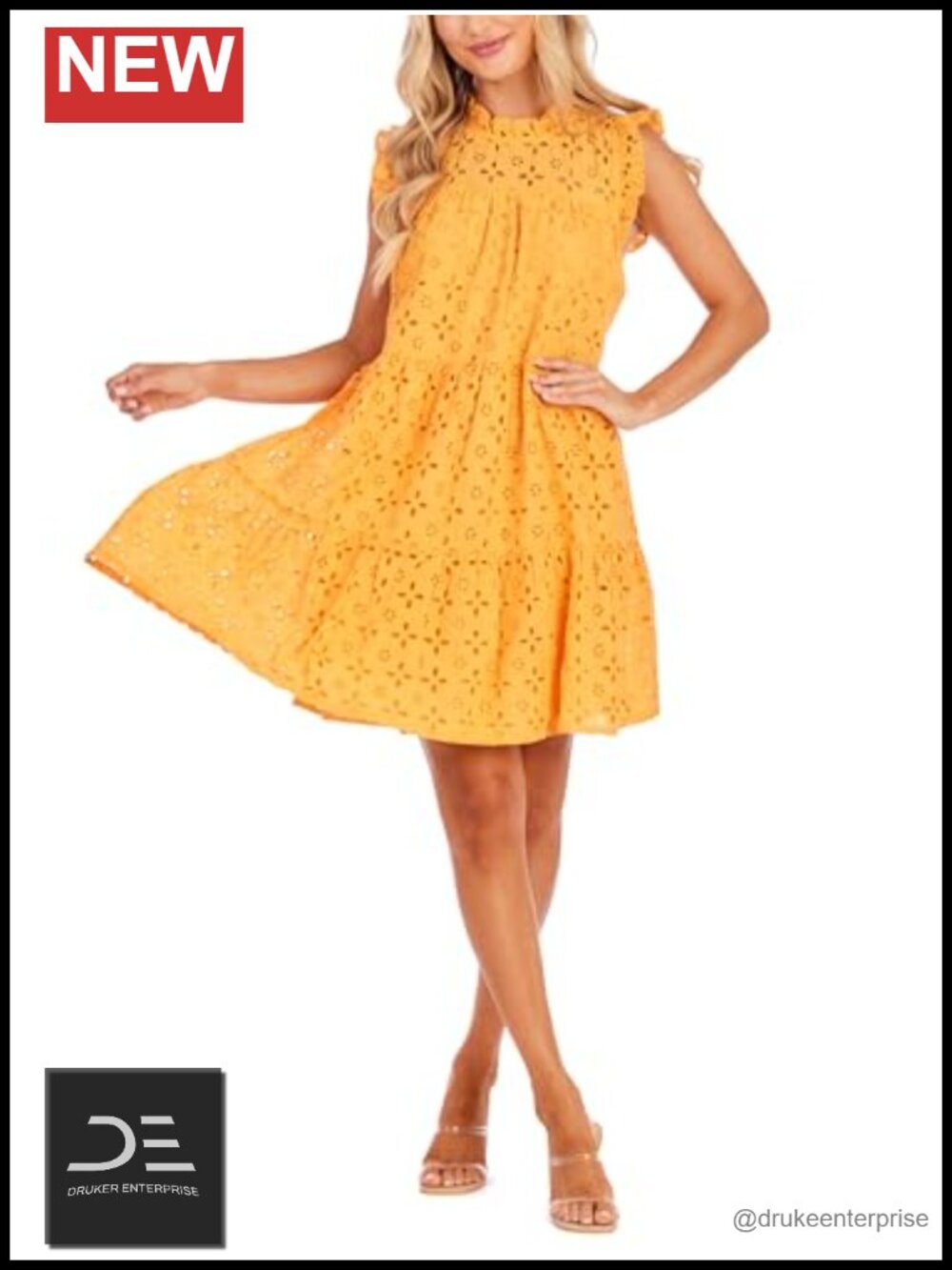 Lula Eyelet Dress Lined Cotton Flutter Sleeve Ruffle Collar Tiered Casual